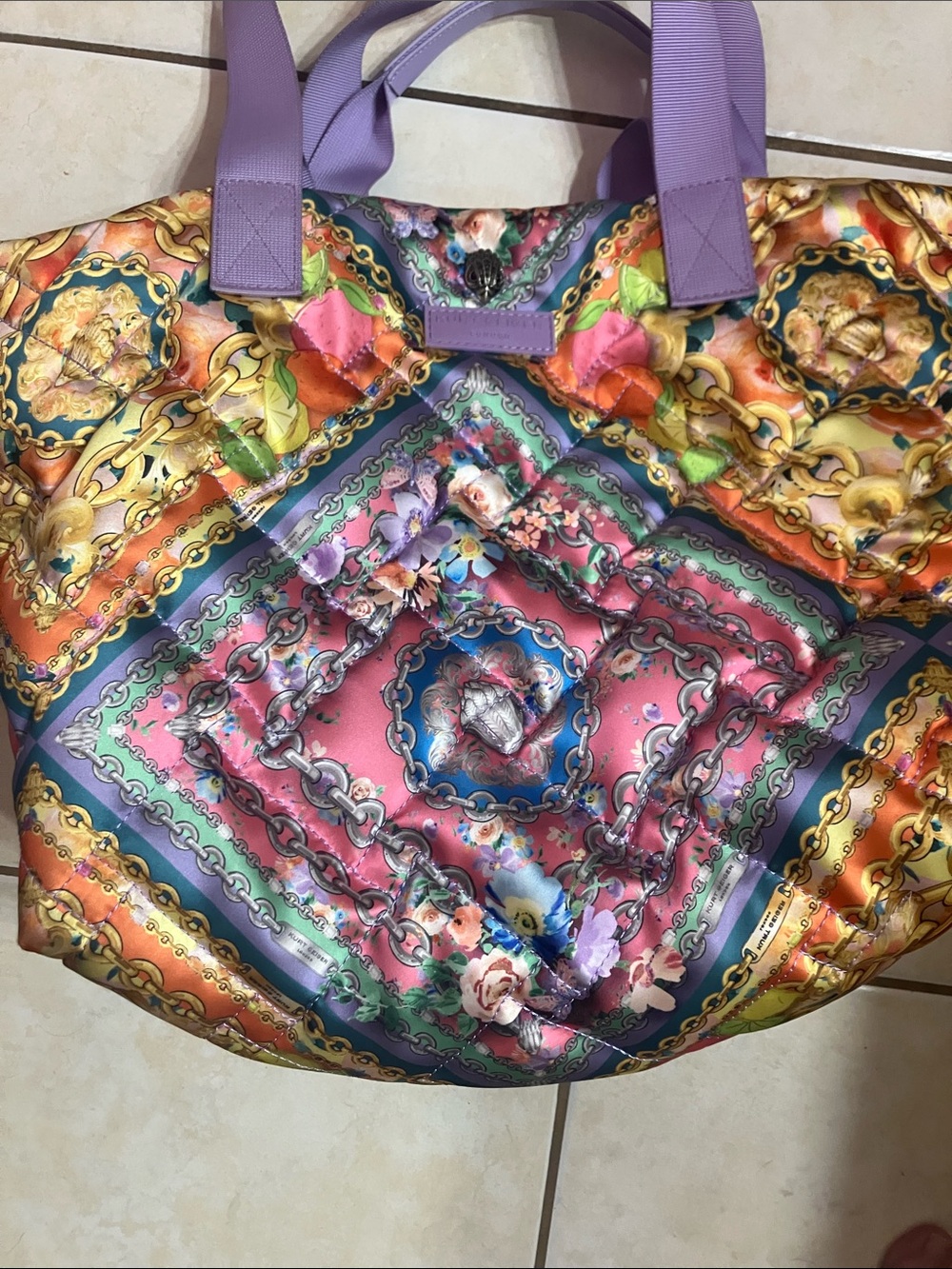 Kurt Geiger Lavender Trim Multicolor Quilted Chain-Print Tote - Picture 4 of 12